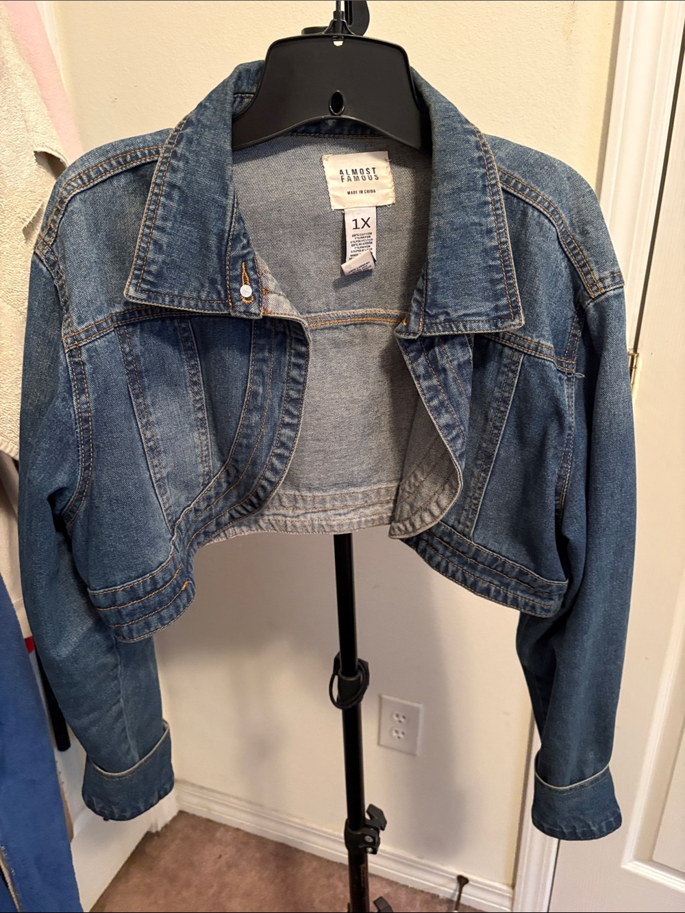 Almost Famous Cropped Denim Jacket in Medium Blue Wash